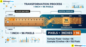Inches to px conversion formula showing pixels equal inches times resolution