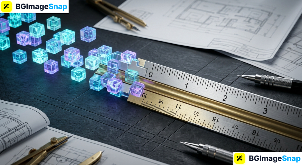 Pixels to inches conversion conceptual 3D art showing digital pixels transforming into a physical ruler