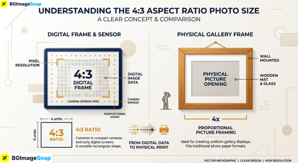 4x3 aspect ratio photo size infographic showing digital camera sensor and physical frame dimensions
