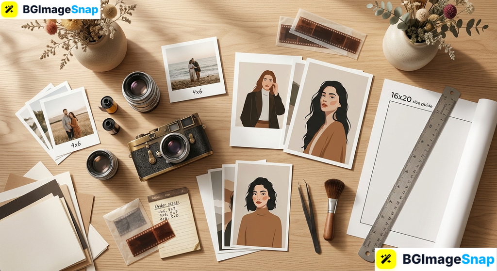 Overhead view of different photographic sizes and prints on a photographer desk