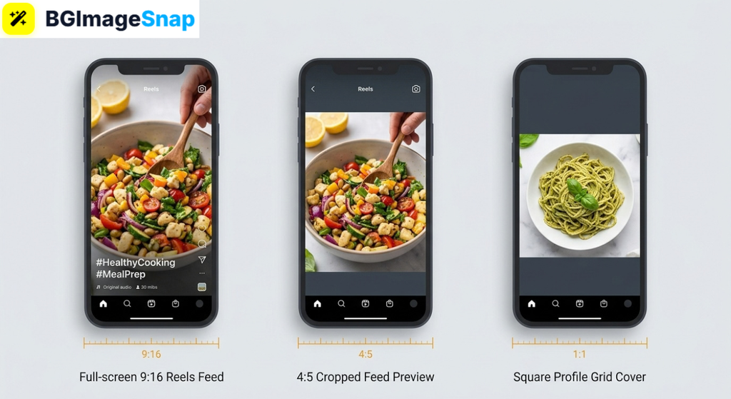 Instagram Reel size across full-screen, feed crop, and profile grid views