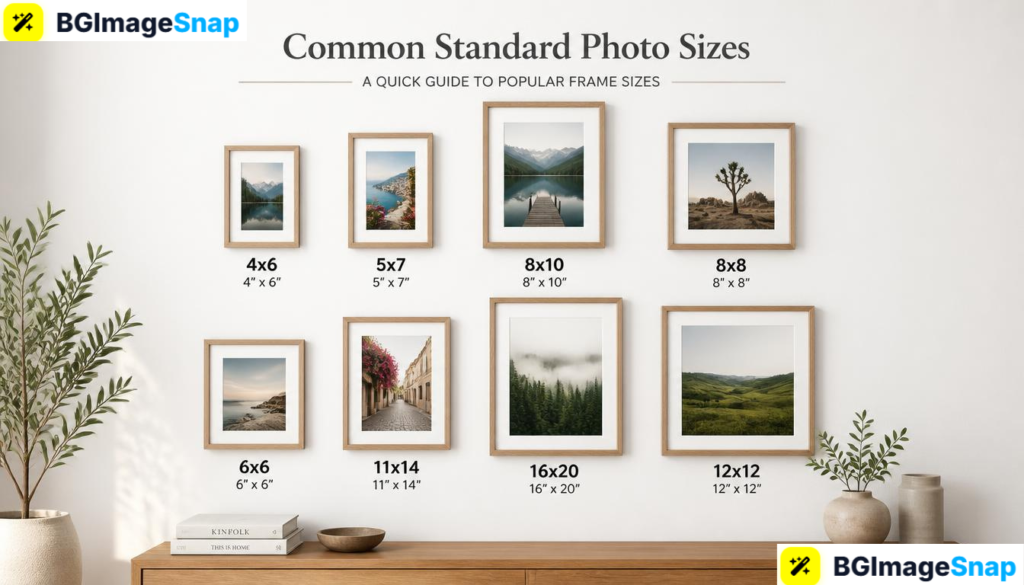 Standard photo sizes displayed in different picture frames on a clean white wall