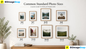 Standard photo sizes displayed in different picture frames on a clean white wall