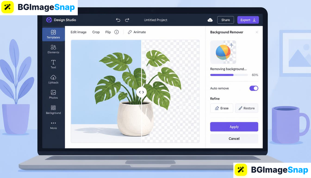 Digital design editor using a bg remover canva alternative feature to clear photo backgrounds