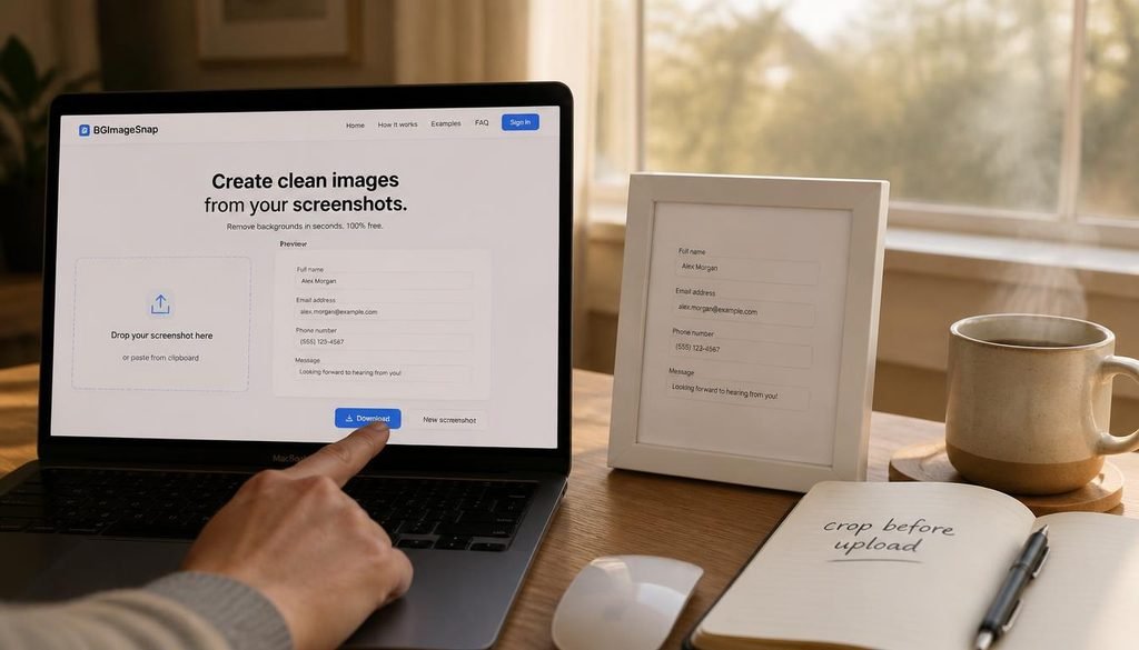 How to crop a screenshot on Mac using BGImageSnap online tool with printed result on desk