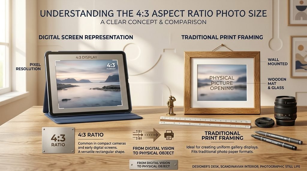 Tablet displaying a photo formatted to a 4x3 aspect ratio photo size on a designer workspace
