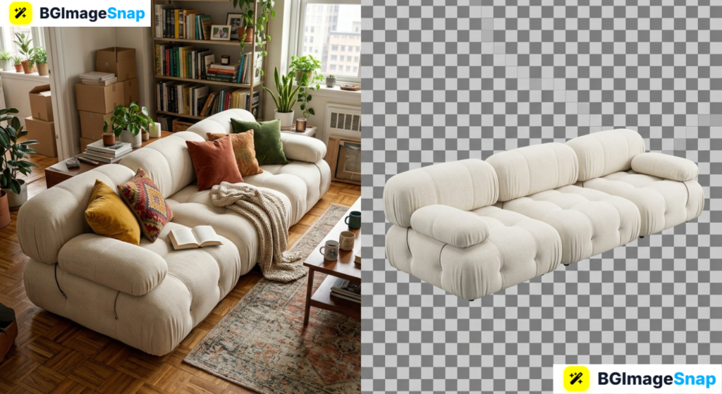 Cloud couch product photo before and after background removal