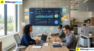 Small business owner managing cloud computing services on a digital dashboard