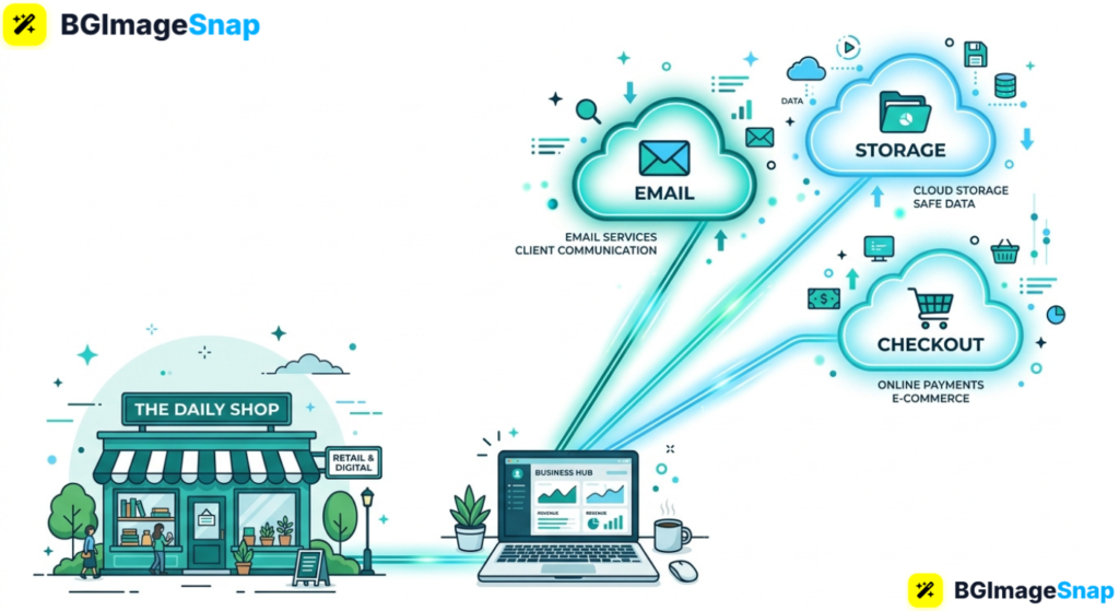 Cloud computing services connecting a small business laptop to email and storage