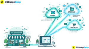 Cloud computing services connecting a small business laptop to email and storage