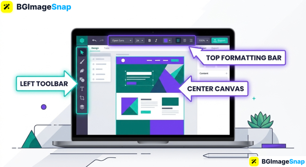 Canva tutorial showing the main workspace layout for beginners