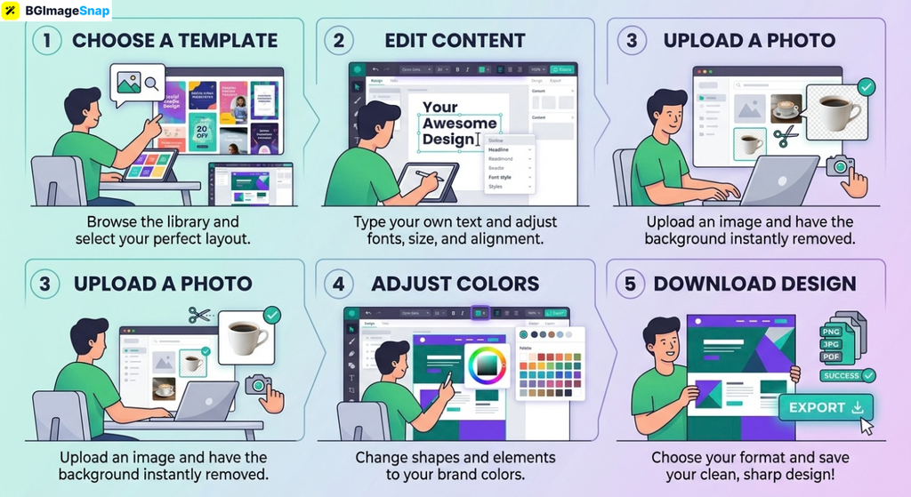 Five step Canva tutorial infographic from template selection to final download