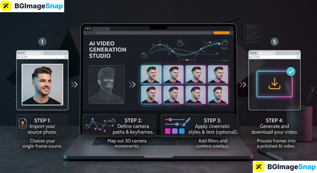 Higgsfield AI interface turning a still photo into a cinematic video clip with camera motion