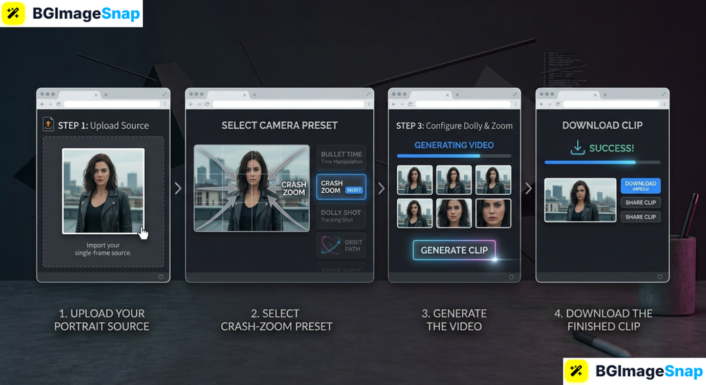 Four steps showing how to use Higgsfield AI for video creation