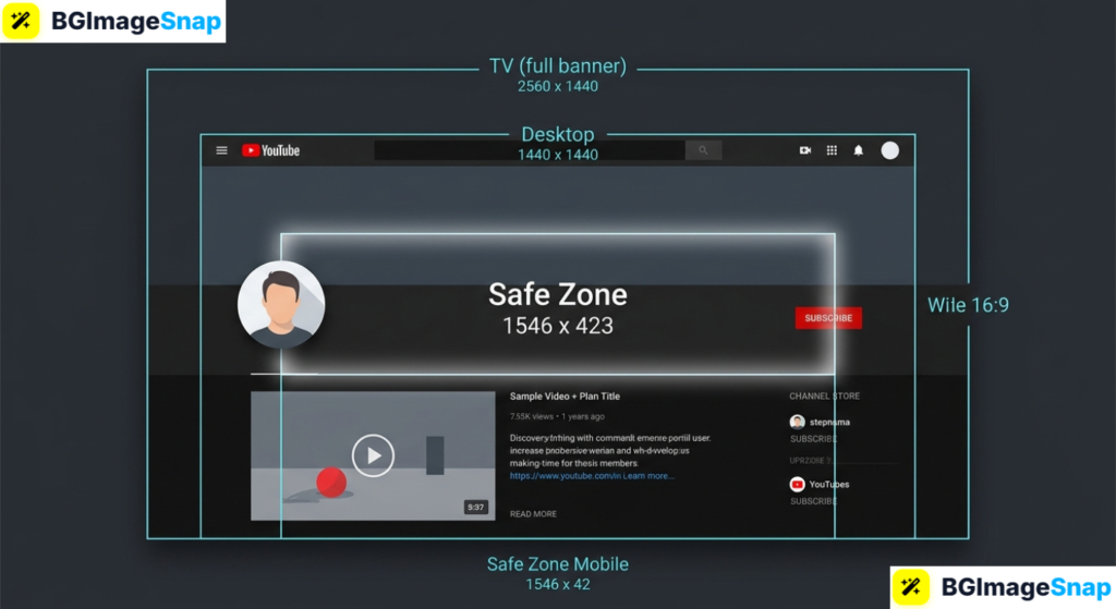 YouTube banner size guide showing 2560×1440 pixels and the safe zone